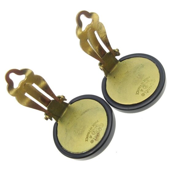 Chanel Button Earrings Black Gold Clip-On 94A - Picture 5 of 5